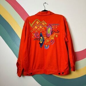 IB DIFFUSION Vintage 80s 90s Jean Jacket Geometrical Pattern Embroidered Size 12